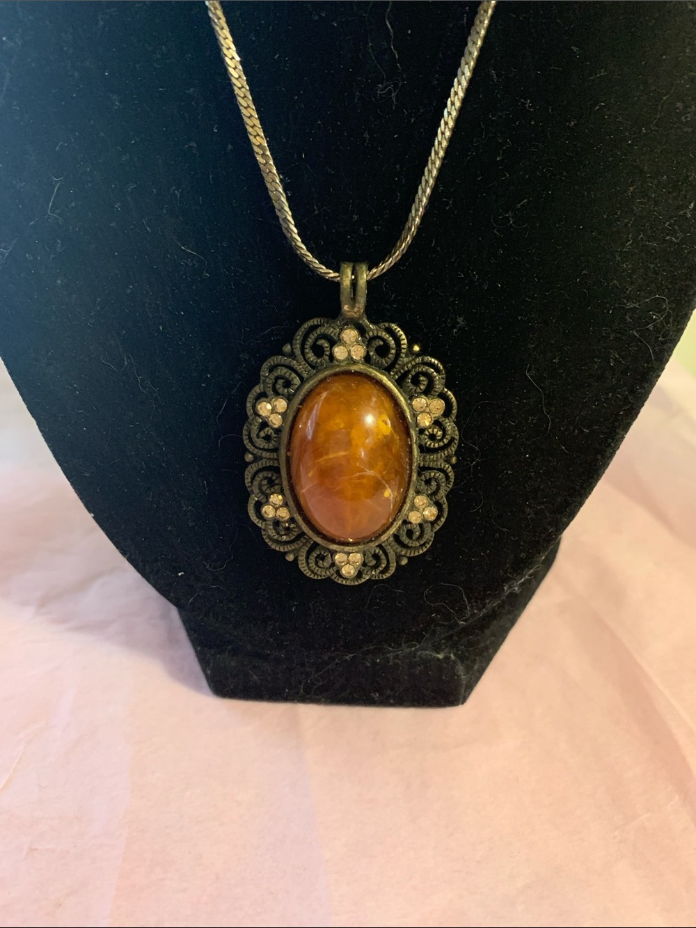 Ornate Amber Cabochon Pendant Necklace - Brown Amber